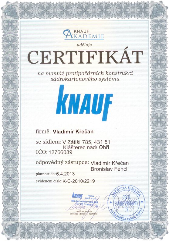 Certifikát na montáž protipožárních konstrukcí sádrokartonového systému Knauf
